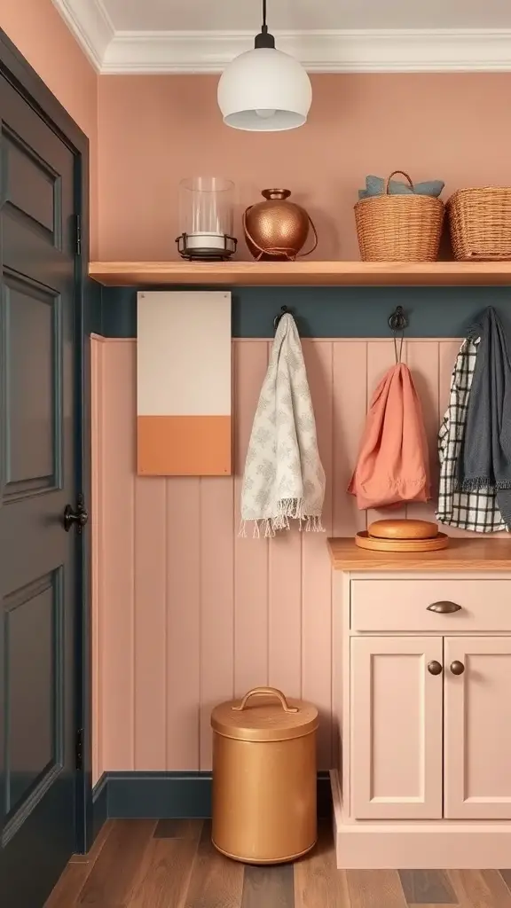 29+ Creative DIY Garage Mudroom Ideas You’ll Love 6 A stylish garage mudroom with peach walls, navy accents, and wooden shelves.