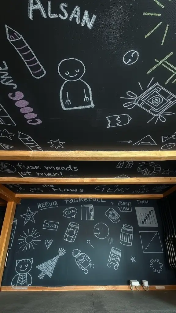 Chalkboard ceiling with various doodles and drawings