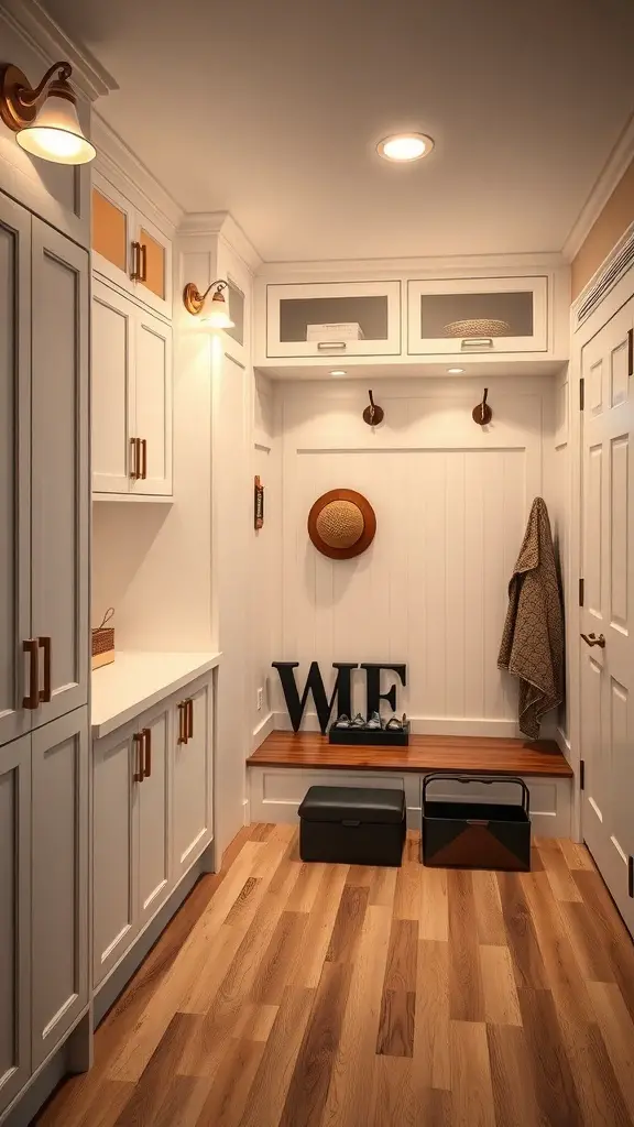 A well-lit mudroom featuring cabinets, a bench, and stylish lighting fixtures.