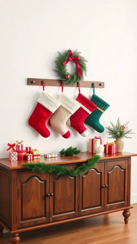 23+ Beautiful Christmas Sideboard Decor Ideas to Transform Your Home 4 A sideboard decorated for Christmas with colorful stockings, a wreath, and wrapped gifts.