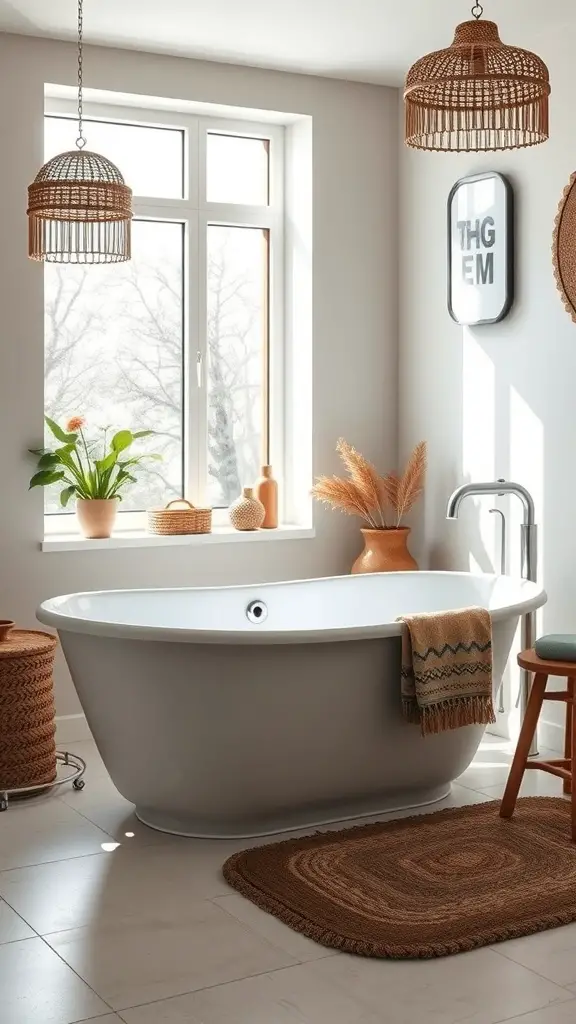 A stylish boho bathroom featuring a freestanding bathtub, natural decor, and warm lighting.