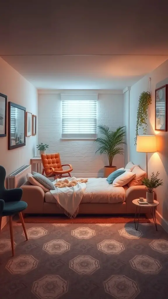 A cozy basement apartment featuring light-colored walls, a comfortable sofa, and a warm orange chair, with plants and framed pictures adding character.