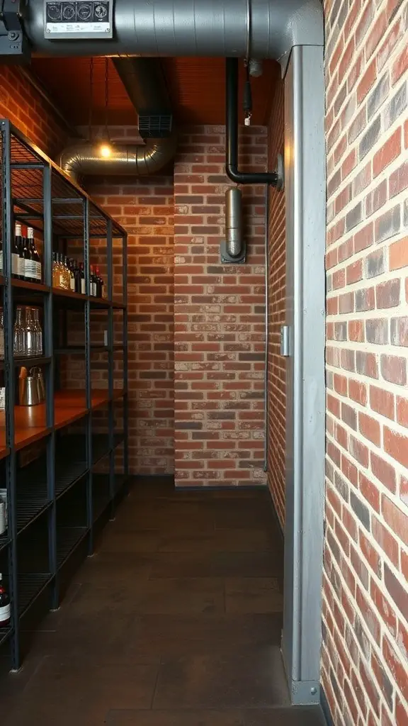 A stylish basement bar with exposed brick walls and metal shelving.