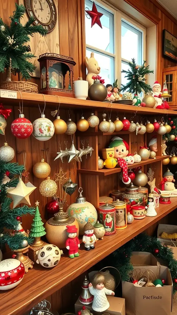 27+ Stunning Christmas Shop Decorations You Need This Season 6 A display of vintage Christmas ornaments on wooden shelves, featuring colorful baubles, figurines, and festive decorations.