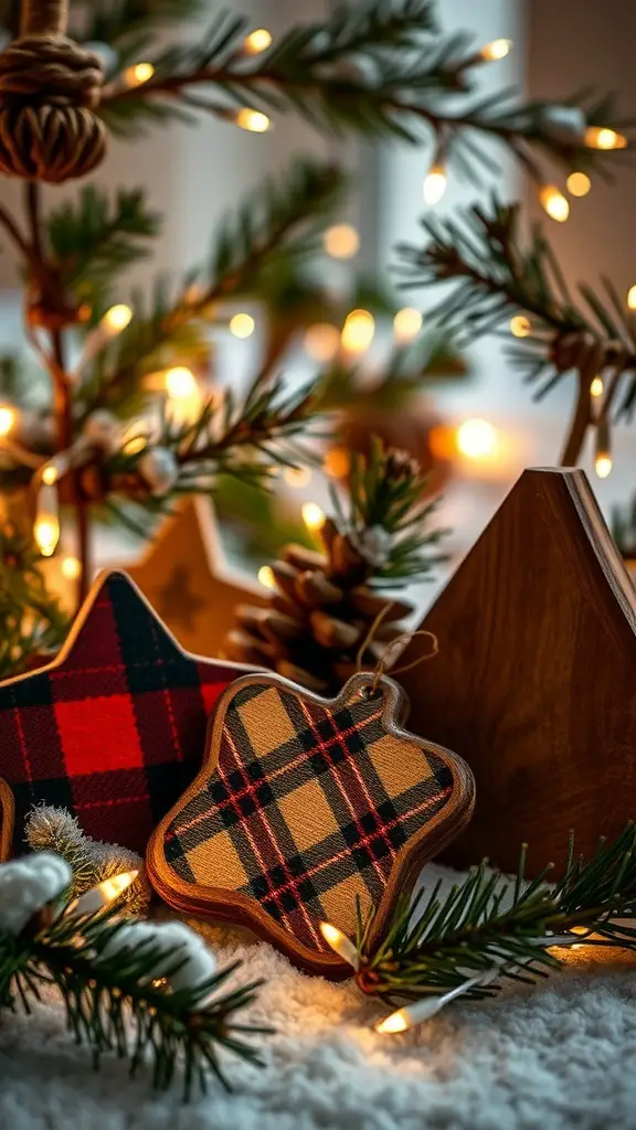 27+ Festive Tartan Christmas Decorations to Elevate Your Holiday Decor 16 Cozy winter scene with tartan decorations and wooden ornaments