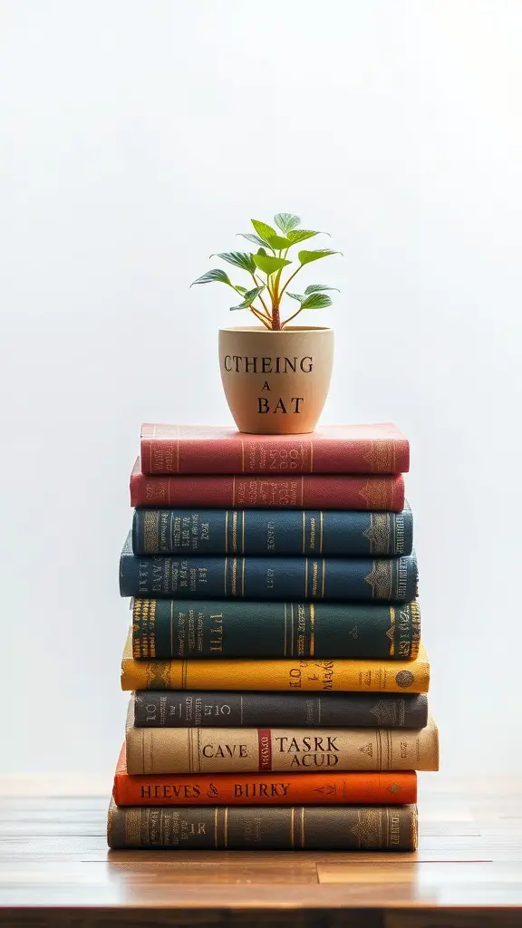 23+ Stunning Table Centerpieces to Elevate Your Home Decor 13 A stack of vintage books with a small plant on top, creating a cozy centerpiece.