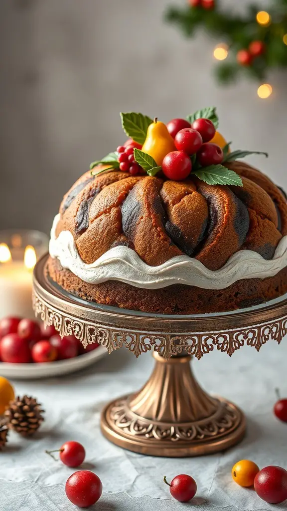 25+ Stunning Christmas Food Table Displays for Your Holiday Feast 12 A beautifully decorated fruitcake topped with fruits and leaves, displayed on an ornate stand with surrounding festive decorations.