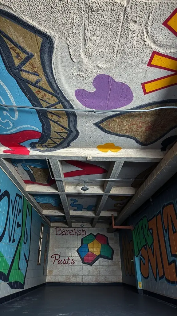 Colorful murals on an exposed basement ceiling with vibrant designs and shapes.
