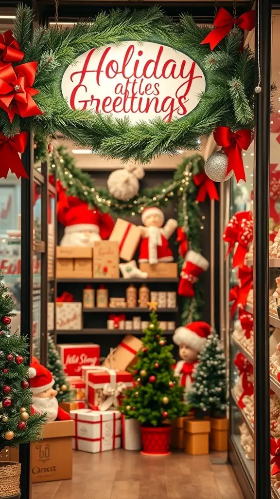 27+ Stunning Christmas Shop Decorations You Need This Season 11 A festive shop entrance with a wreath that says 'Holiday Greetings' surrounded by Christmas decorations.