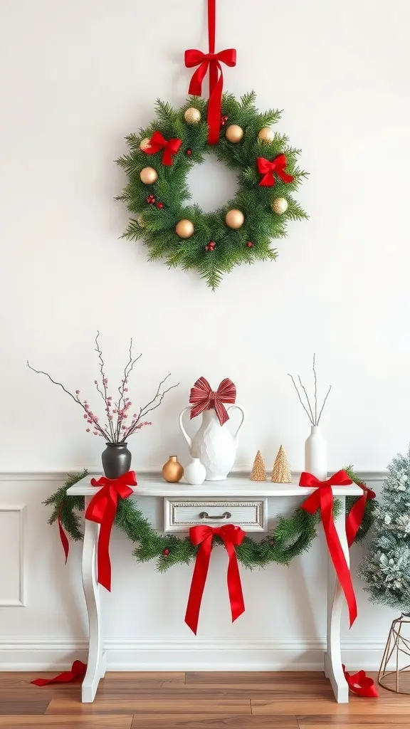 29+ Stunning Christmas Console Table Decor Ideas 6 A holiday wreath with red bows and golden ornaments displayed above a console table decorated with festive items.