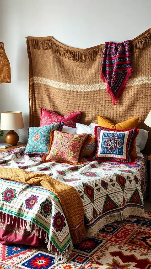 27+ Boho Bedding Ideas to Transform Your Bedroom Style 7 A cozy boho bedding setup with colorful pillows and a textured throw blanket.