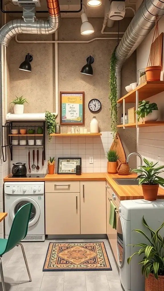 A cozy basement kitchenette featuring plants, wooden shelves, and energy-efficient appliances.