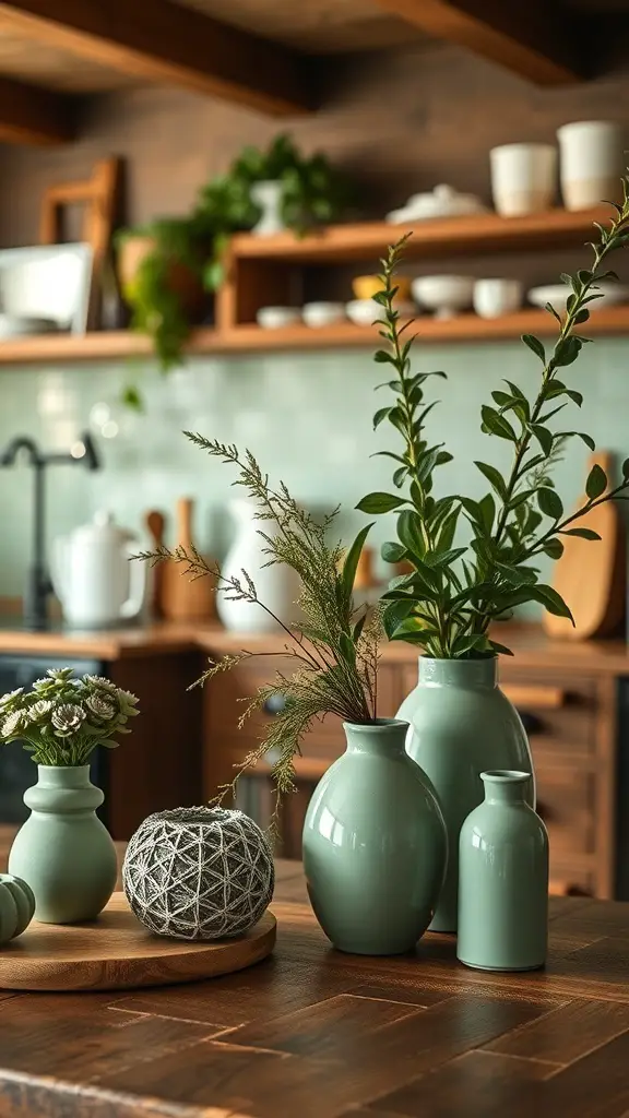 A cozy kitchen featuring sage green vases and wood elements.