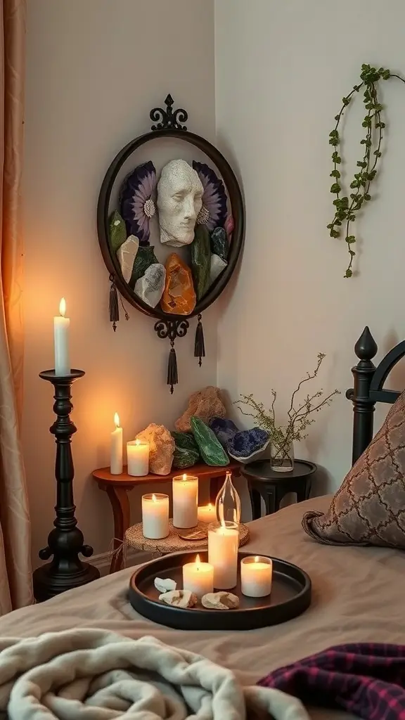 A cozy boho witchy bedroom corner with crystals, candles, and an artistic altar.