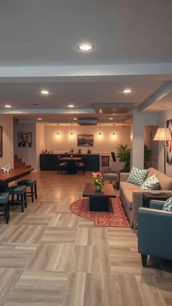 Open layout of a basement farmhouse style living area with seating and dining space.