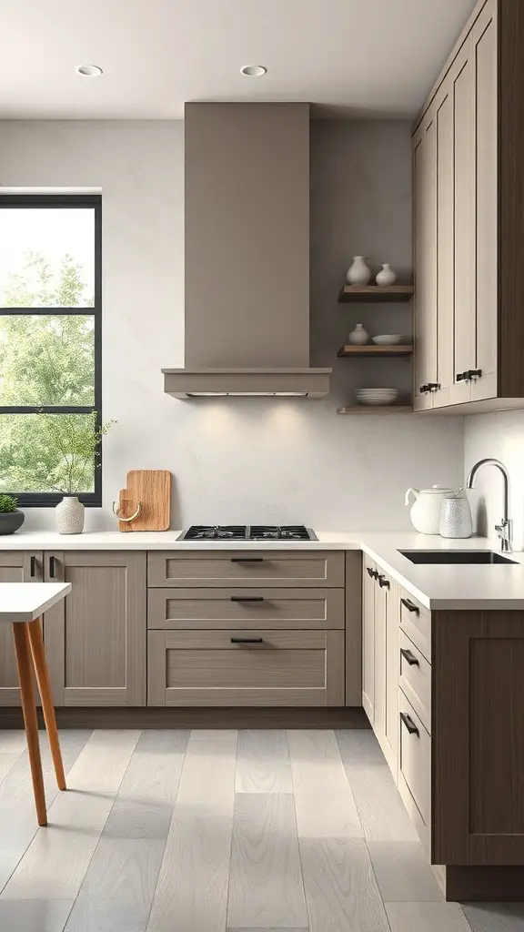 A modern kitchen featuring taupe cabinets, showcasing sustainable design elements.