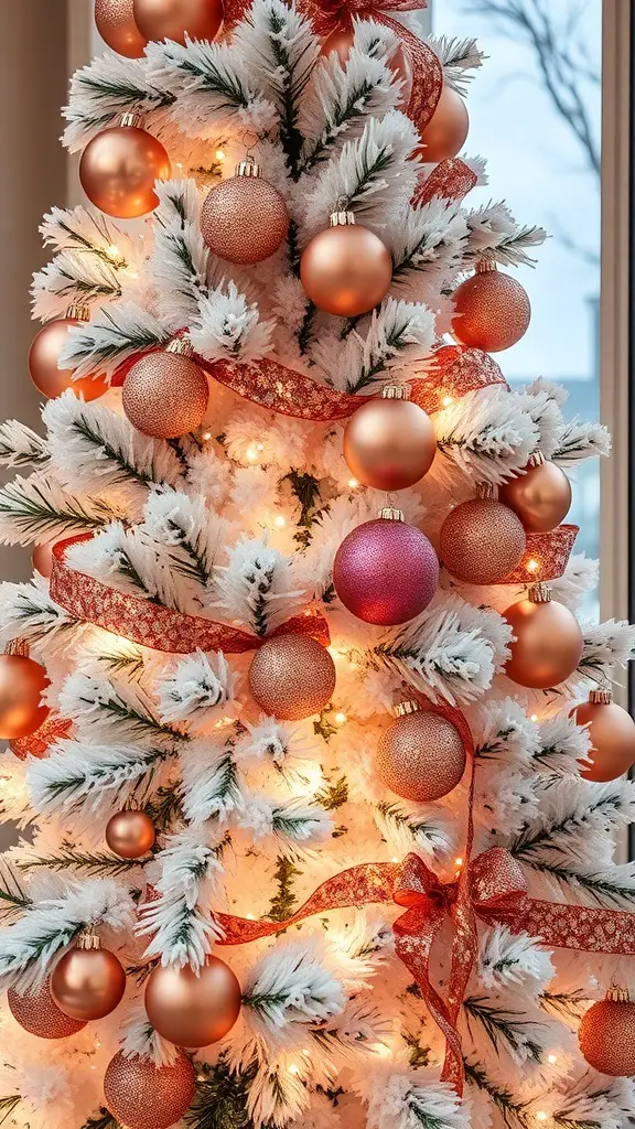 A flocked Christmas tree decorated with rose gold ornaments and ribbons.