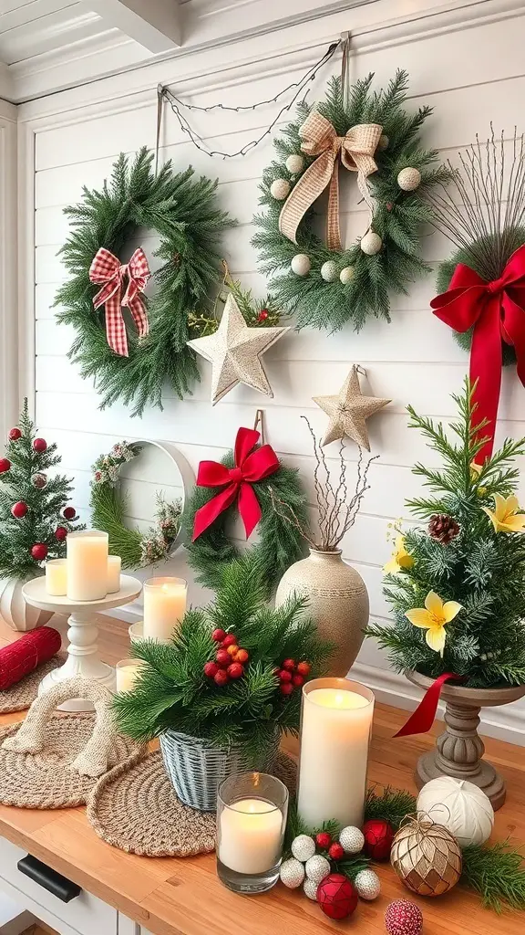 25+ Unique Christmas Boutique Ideas for Your Holiday Shopping 9 A cozy holiday decor setup featuring wreaths, candles, and festive ornaments.