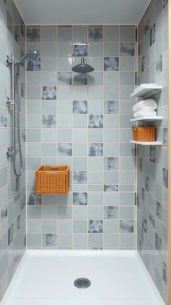A small shower with vertical storage solutions, including shelves and a wicker basket.