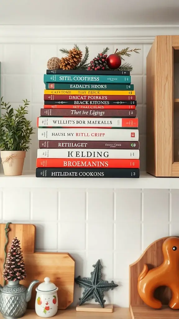 29+ Creative Christmas Decor Ideas for Above Kitchen Cabinets 14 A stack of colorful holiday-themed cookbooks displayed above kitchen cabinets with festive decorations.