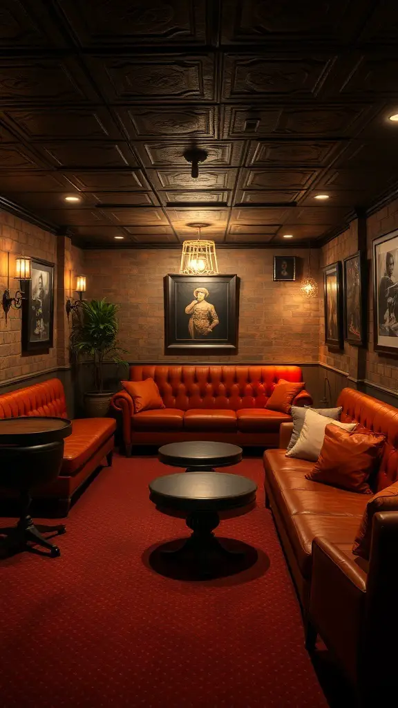 A cozy lounge area with leather sofas, low tables, and vintage decor.