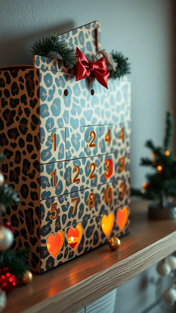 29+ Stunning Leopard Christmas Decor Ideas to Elevate Your Holiday Style 11 Leopard patterned advent calendar with heart-shaped cutouts and a red bow on top