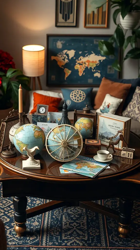 A coffee table decorated with globes, maps, and travel souvenirs.