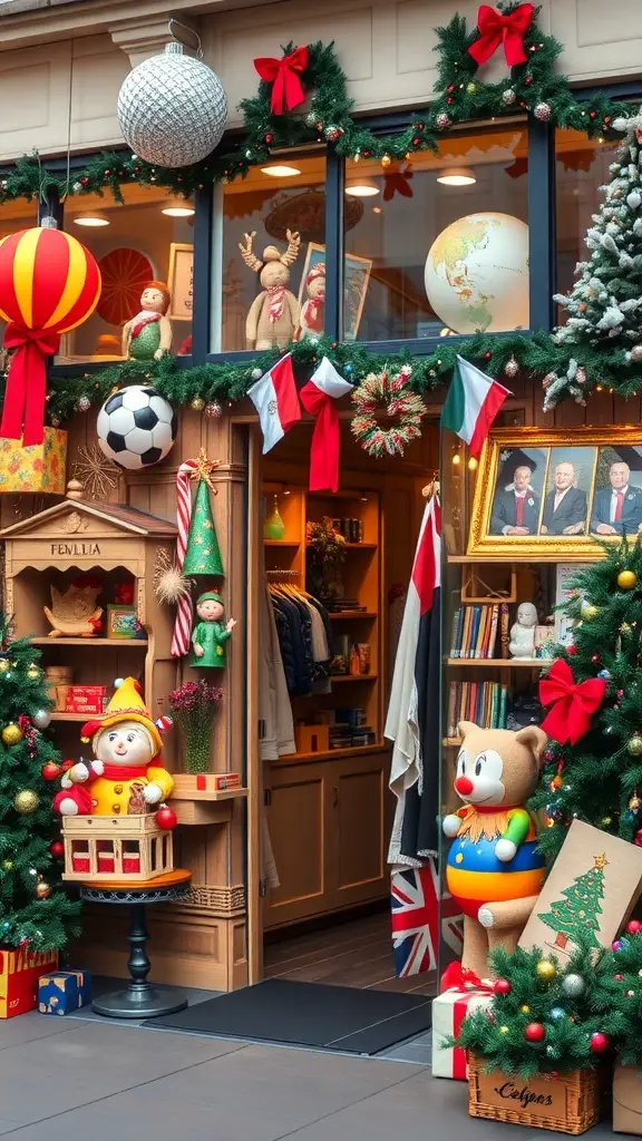 31+ Stunning Storefront Christmas Displays to Get You in the Holiday Spirit 12 A festive storefront decorated for Christmas with colorful ornaments, dolls, and flags.