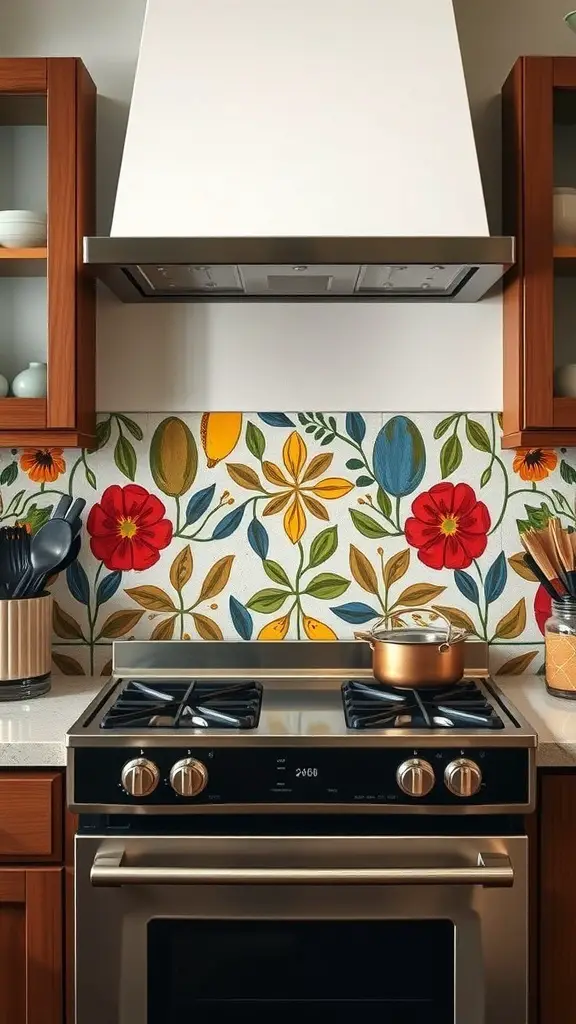 27+ Inspiring Stove Backsplash Ideas You’ll Love 12 A colorful floral backsplash behind a stove, featuring red flowers and green leaves.