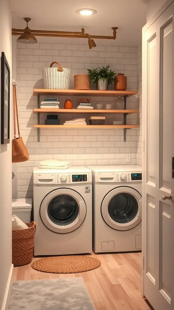 Stylish small basement laundry room with washing machines and open shelves