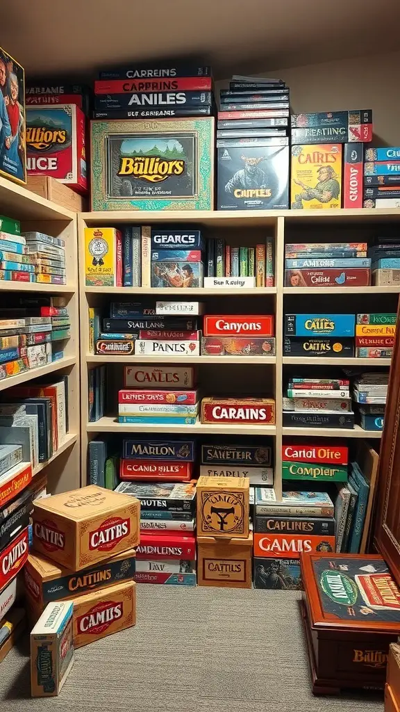 A cozy storage area filled with various board games organized on shelves.