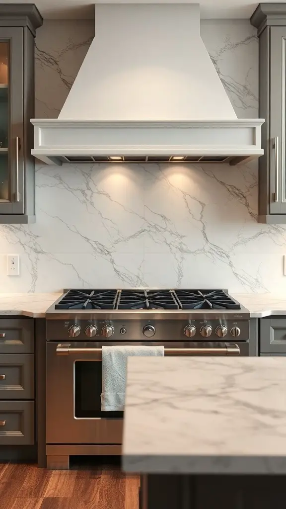 27+ Inspiring Stove Backsplash Ideas You’ll Love 10 A modern kitchen featuring a marble backsplash behind a stainless steel stove.