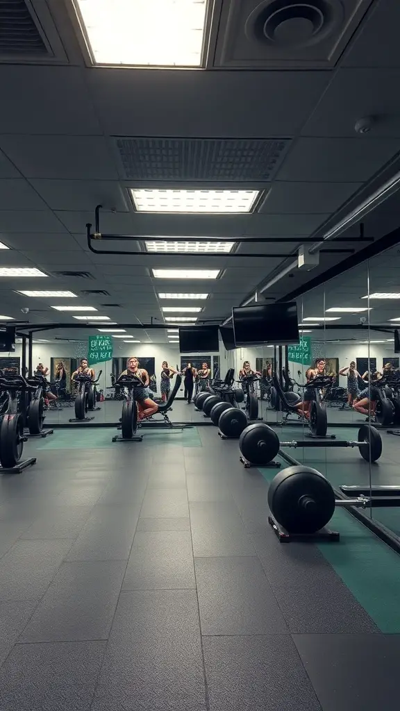 A basement gym featuring exercise equipment and large mirrors reflecting the workout space.
