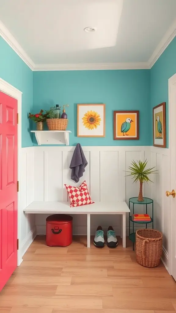27+ Mudroom Ideas to Elevate Your Space 7 A colorful mudroom featuring turquoise walls, a pink door, and cheerful decorations.