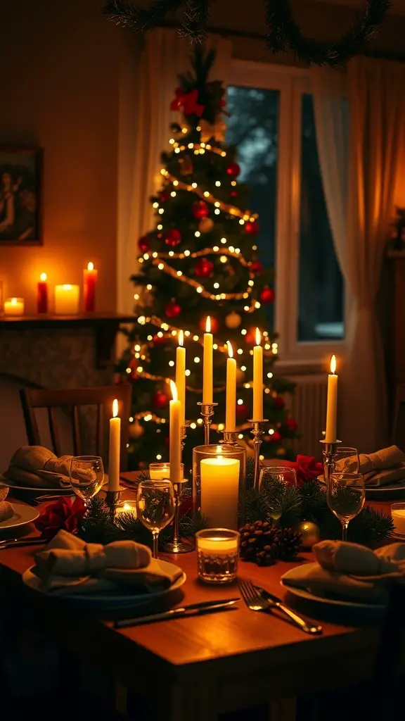 A cozy Christmas dinner table with candles, a decorated tree in the background, and festive decorations.