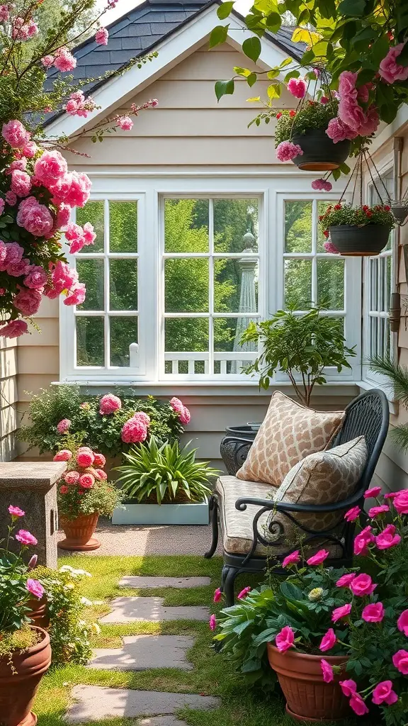 A cozy garden nook with seating surrounded by colorful flowers and greenery.