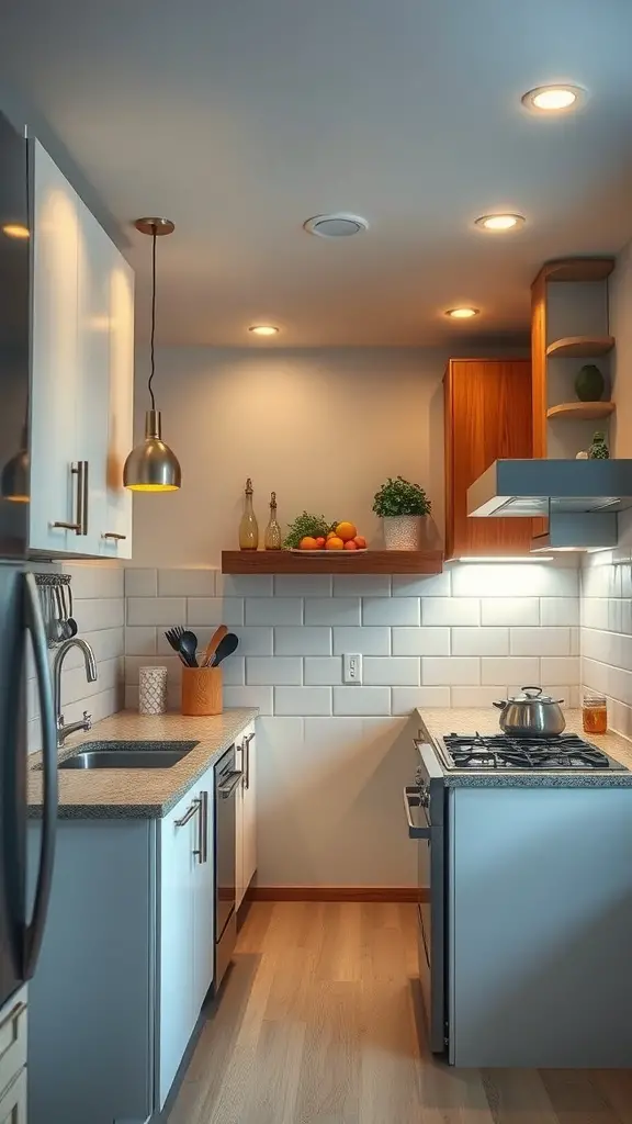 A bright and modern kitchenette with recessed lighting and a pendant lamp.