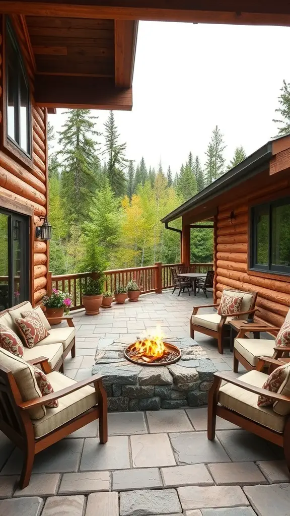 A cozy outdoor living space in a log cabin featuring a fire pit and comfortable seating.