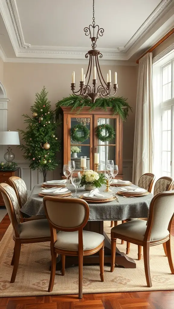 A beautifully decorated dining room with a Christmas tree, elegant table setting, and seasonal wreaths.
