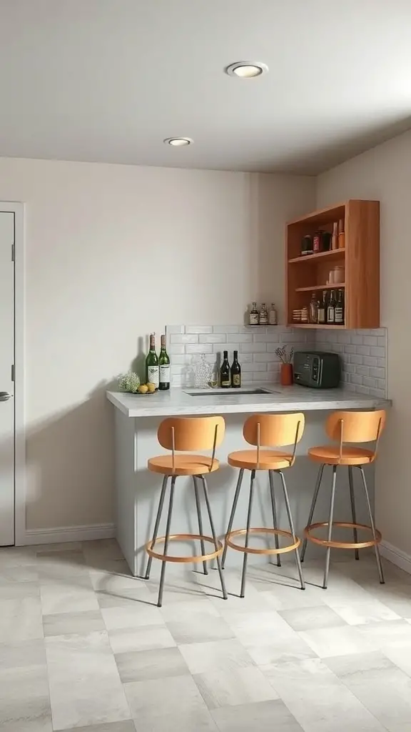 A modern basement kitchenette with a bar area featuring orange stools and a sleek design.