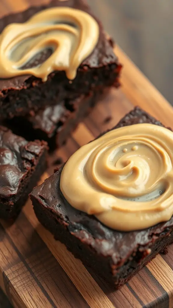 Brownies topped with a swirl of peanut butter on a wooden board