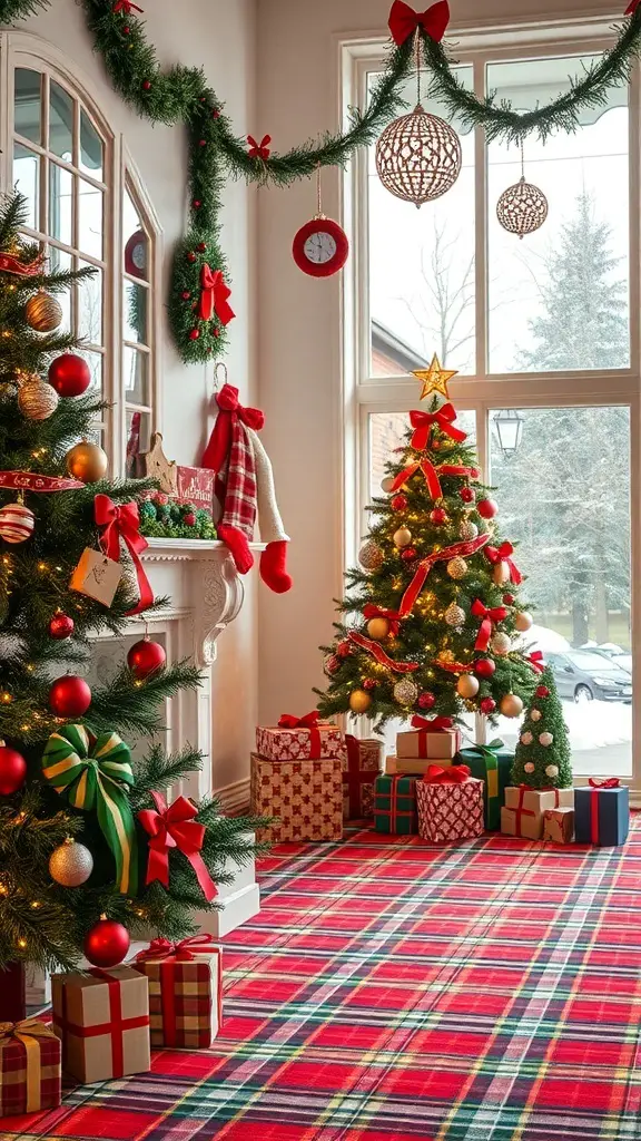 25+ Festive Tartan Plaid Christmas Tree Ornaments and Decorations 8 A cozy room decorated for Christmas with a tartan plaid tree, gifts, and festive ornaments.
