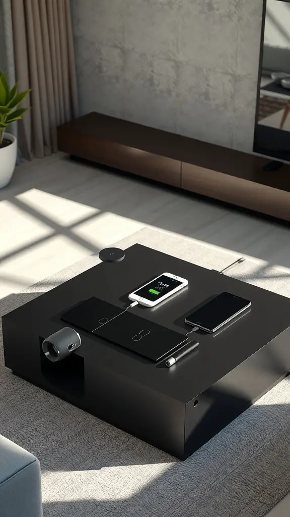 A modern coffee table with a built-in charging station, featuring a smartphone, notebooks, and a pen.