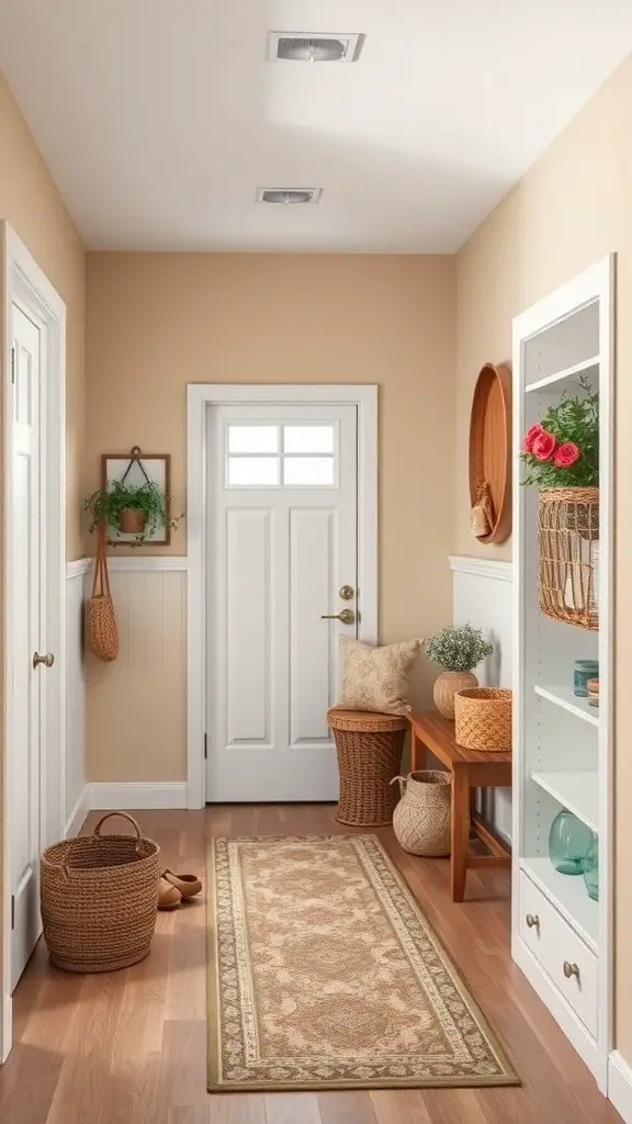 27+ Mudroom Ideas to Elevate Your Space 12 A cozy mudroom with beige walls, wooden bench, and decorative elements.