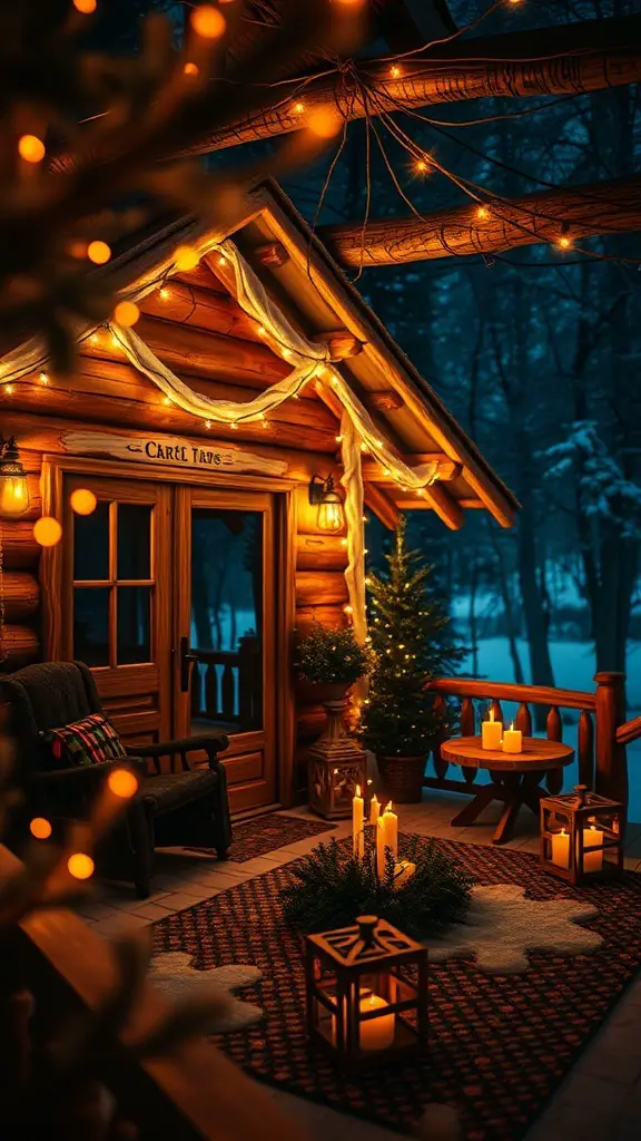 A cozy winter cabin illuminated with warm lights, surrounded by snow.