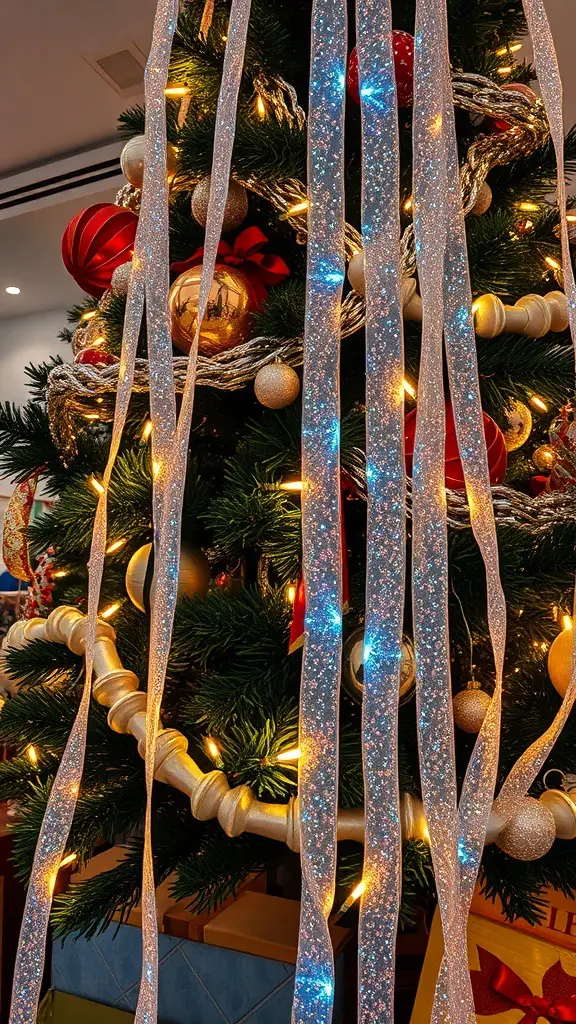 Silver ribbons cascading down a decorated Christmas tree with ornaments and lights.