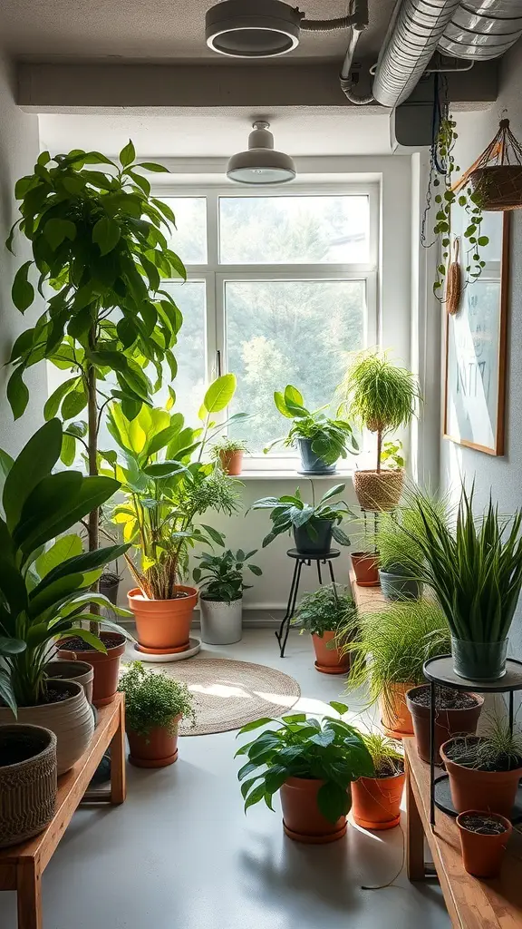 A bright basement corner filled with various indoor plants in pots, creating a lively and inviting atmosphere.