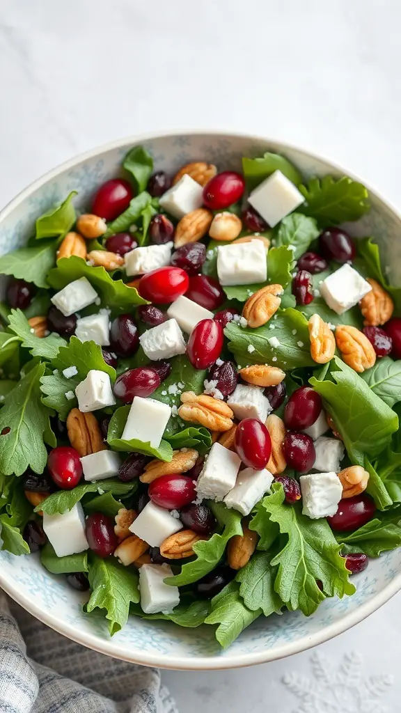 25+ Stunning Christmas Food Table Displays for Your Holiday Feast 3 A colorful salad with greens, cranberries, feta cheese, and nuts in a bowl.