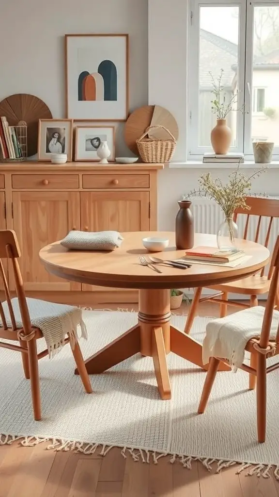 27+ Stunning Christmas Table Settings for Round Tables 11 A round wooden table set in a Scandinavian style with simple decor and natural elements.