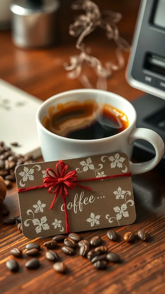 27+ Creative Dollar Tree Gifts for Your Coworkers 13 A coffee gift card with a red ribbon next to a steaming cup of coffee and coffee beans.